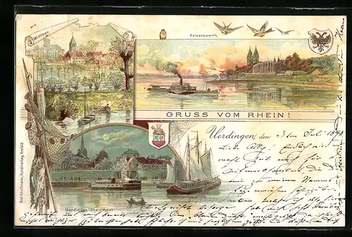 Lithographie Düsseldorf /Rhein, Kaiserswerth & Dampfer Prinz Heinrich, Lokalfahrt Uerdingen-Düsseldorf, Wittlaer