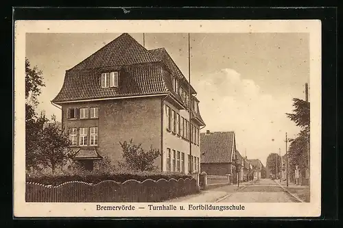 AK Bremervörde, Strassenpartie mit Turnhalle und Fortbildungsschule