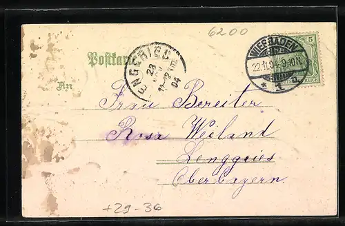 Passepartout-Lithographie Wiesbaden, Kursaalplatz mit Brunnen in einer Muschel