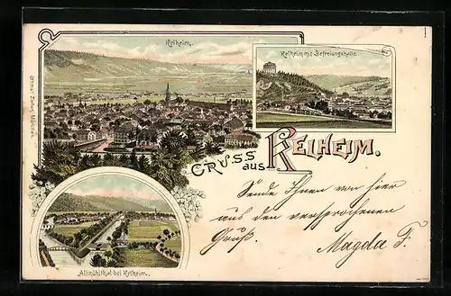 Lithographie Kelheim, Teilansicht, Befreiungshalle, Altmühlthal