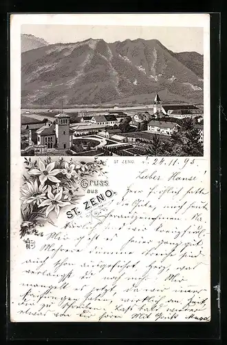 Vorläufer-Lithographie St. Zeno, 1895, Ortspartie mit Bergen