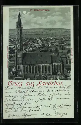 Mondschein-Lithographie Landshut, St. Martinsturm
