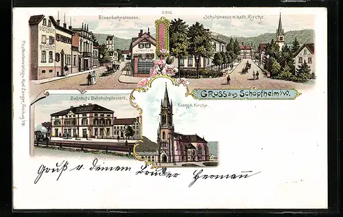 Lithographie Schopfheim i. W., Bahnhof und Bahnhofrestaurant, Eisenbahnstrasse mit Bäckerei, Evangelische Kirche