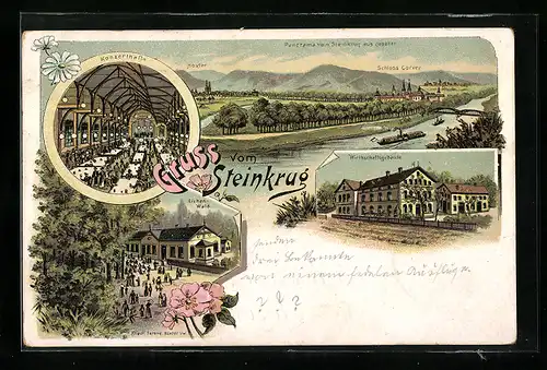 Lithographie Boffzen, Gasthaus Steinkrug, Panorama, Schloss Corvey, Eichenwald