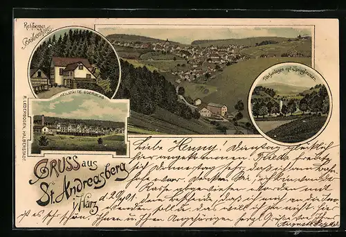 Lithographie St. Andreasberg, Am Rehberger Grabenhaus, Heilstätte Oderberg, Teichanlagen m. Springbrunnen, Ortsansicht