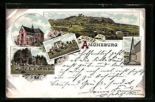 Lithographie Amöneburg, Friedenstein, Schlossruine, Kirche, Bonifacius-Kapelle
