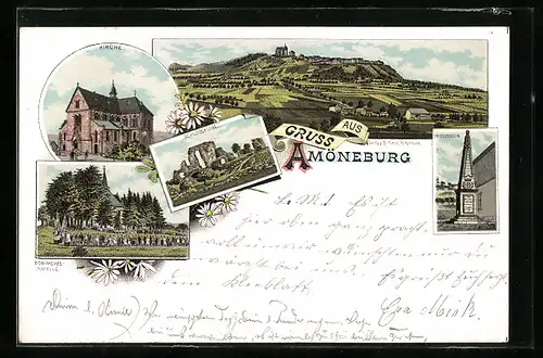 Lithographie Amöneburg, Friedenstein, Schlossruine, Kirche, Bonifacius-Kapelle