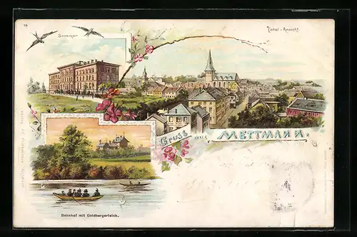 Lithographie Mettmann, Bahnhof und Teich, Seminar, Panorama