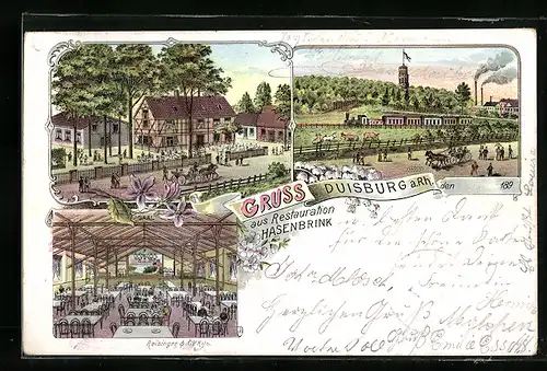 Lithographie Duisburg /Rh., Gaststätte Restauration Hasenbrink mit Saal, Ortspartie mit Aussichtsturm und Eisenbahn