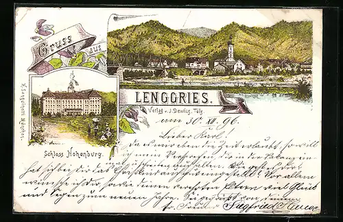 Lithographie Lenggries, Schloss Hohenburg, Ortspanorama mit Brücke