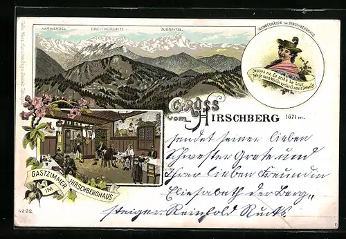 Lithographie Kreuth, Hirschberghaus, Gastzimmer mit Gästen, Bergpanorama, Trachtenmädchen