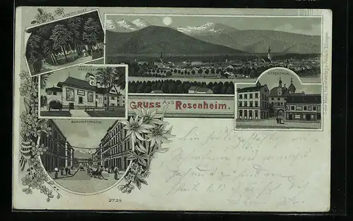 Mondschein-Lithographie Rosenheim, Bahnhofstrasse, Mitterthor, Gesamtansicht