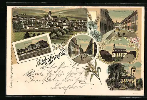 Lithographie Bischofswerda, Gasthaus Butterberg, Bautzenerstrasse, Bahnhofstrasse