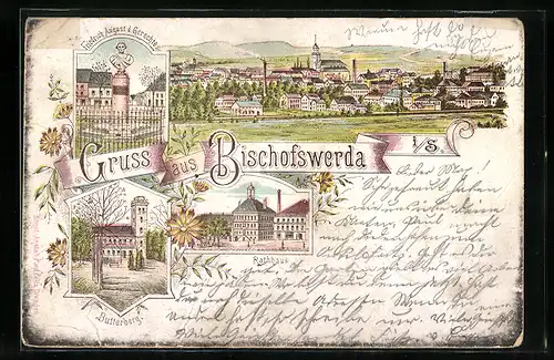 Lithographie Bischofswerda, Rathaus, Aussichtsturm Butterberg, Friedrich August der Gerechte-Denkmal