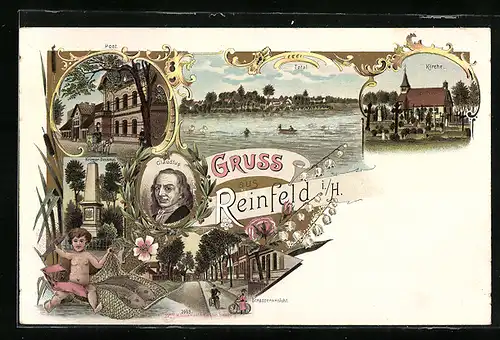 Lithographie Reinfeld i. H., Kirche, Post, Kriegerdenkmal, Strassenpartie