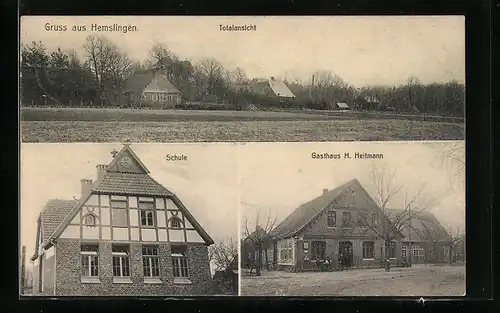 AK Hemslingen, Schule, Gasthaus H. Heitmann, Ortsansicht