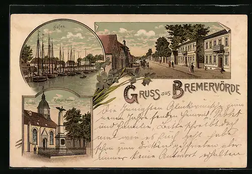Lithographie Bremervörde, Hafen, Neue Strasse, Krieger-Denkmal und Kirche