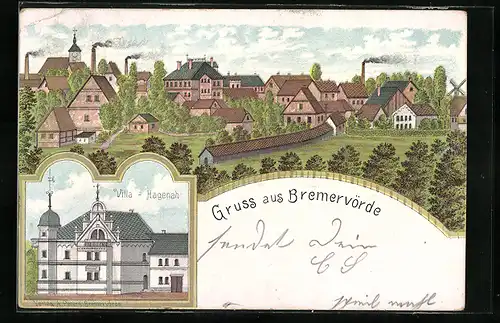 Lithographie Bremervörde, Panorama und Villa Hagenah