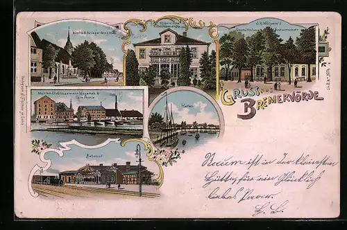 Lithographie Bremervörde, Bahnhof, Geschäftshaus Gasthaus J. Wölpern, Hafen, Eisenbahn, Segelboot