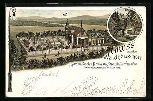 Lithographie Wiesbaden, Adamsthal, Gasthof Waldhäuschen mit Garten und Umgebung, Hirsch