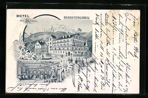 AK Berchtesgaden, Hotel zur Krone mit Umgebung, Speise-Saal