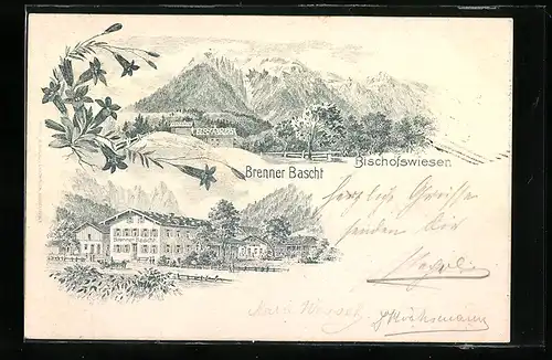 Lithographie Bischofswiesen, Gasthaus Brenner Bascht, Blick zu den Bergen