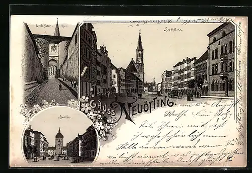 Lithographie Neuötting, Stadtplatz mit Kirche, Landshuter Thor, Stadtthor
