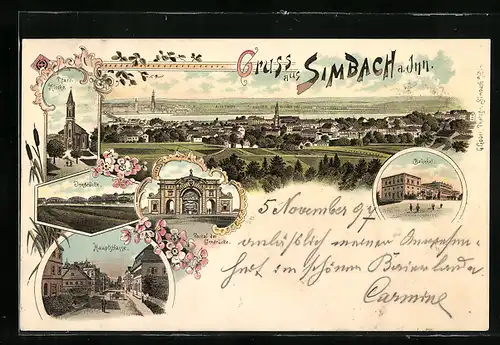 Lithographie Simbach am Inn, Bahnhof, Hauptstrasse, Innbrücke, Pfarrkirche