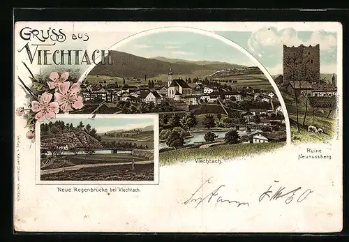Lithographie Viechtach, Ruine Neunussberg, Neue Regenbrücke, Ortsansicht