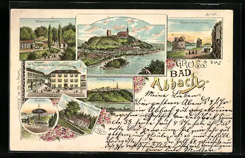 Lithographie Bad Abbach, Gasthof v. Deissbock, Schirm, Frauenbründel, Ortsansicht mit Kirche und Ruine