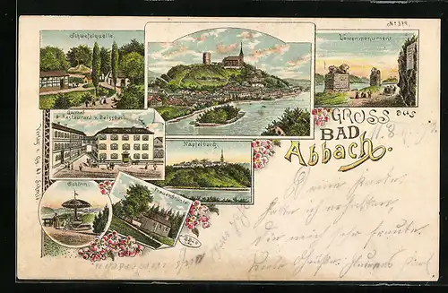 Lithographie Bad Abbach, Gasthof v. Deissbock, Schwefelquelle, Frauenbründel, Ortsansicht mit Kirche und Ruine