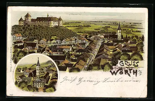 Lithographie Wörth, Gesamtansicht aus der Vogelschau