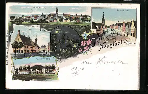 Lithographie Neustadt /Donau, Römerbad Gögging, Alter Thurm bei Vollmond, Panorama