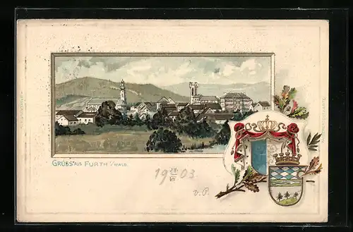 Passepartout-Lithographie Furth i /Wald, Teilansicht mit Kirche, Wappen