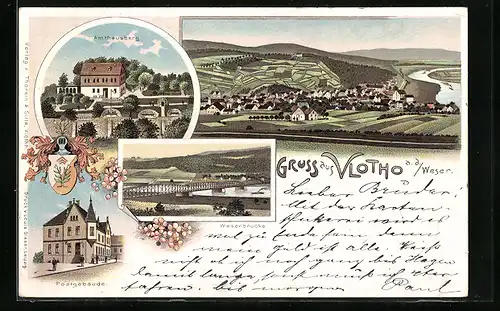 Lithographie Vlotho a. d. Weser, Amthausberg, Postgebäude