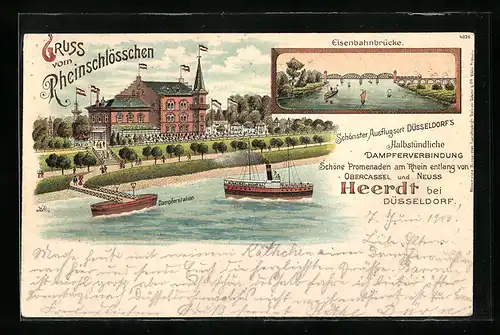 Lithographie Heerdt b. Düsseldorf, Gruss vom Gasthaus Rheinschlösschen, Eisenbahnbrücke