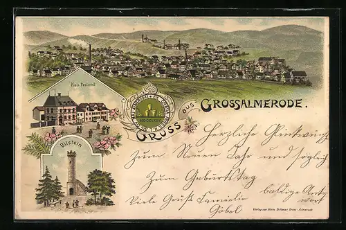 Lithographie Grossalmerode, Kaiserl. Postamt, Bilstein, Panorama, Wappen