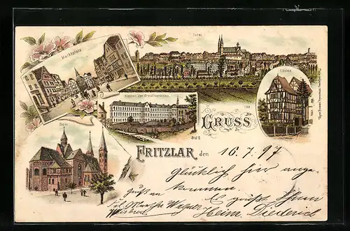 Lithographie Fritzlar, Casino, Kloster der Ursulinerinnen und Marktplatz