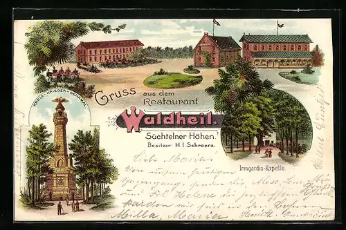 Lithographie Süchteln, Restaurant Waldheil, Süchtelner Höhen, Kreis-Krieger-Denkmal, Irmgardis-Kapelle