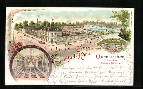 Lithographie Odenkirchen, Bad-Hotel von T. Brüning mit Anlagen und Rennbahn