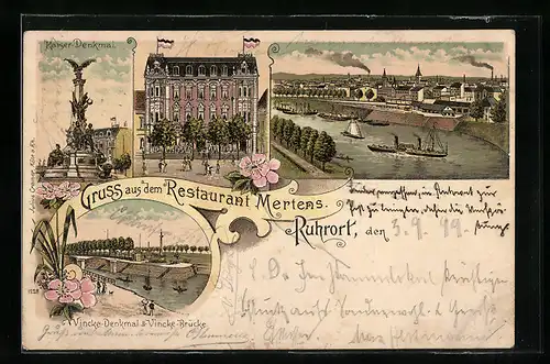 Lithographie Duisburg-Ruhrort, Restaurant Mertens, Vincke-Denkmal, Kaiser-Denkmal