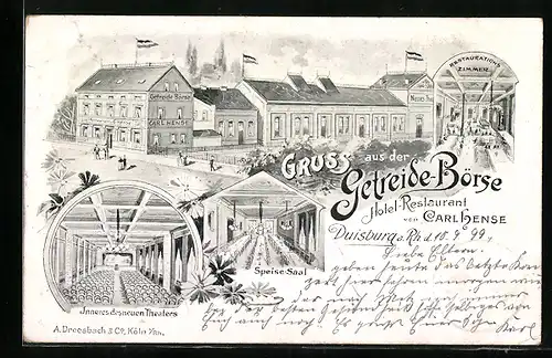 Lithographie Duisburg, Gruss aus d. Getreide-Börse, Hotel-Restaurant v. Carl Hense, Speisesaal, Restaurationszimmer