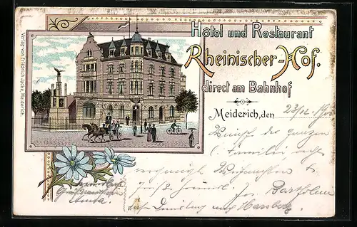 Lithographie Meiderich, Hotel und Restaurant Rheinischer Hof, direkt am Bahnhof