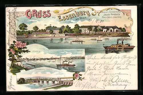 Lithographie Essenberg /Rh., Restaurant Jacob Wessels vom Wasser gesehen, Ortsansicht Homberg mit Ruhrort