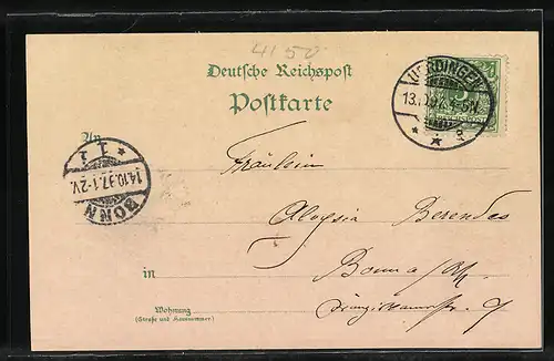 Lithographie Uerdingen, Oberstrasse, Wasserwerk Schlachthof, Kaiser-Wilhelm-Denkmal