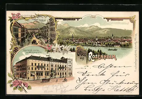 Lithographie Rosenheim, Hotel zum Wendelstein, Totalansicht, Bahnhofstrasse