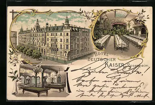 Lithographie Rosenheim, Hotel Deutscher Kaiser Aussen- und Innenansichten