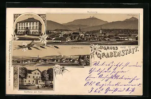 Lithographie Grabenstätt, Schloss, Gasthaus, Panorama mit Hochfelln und Hochgern