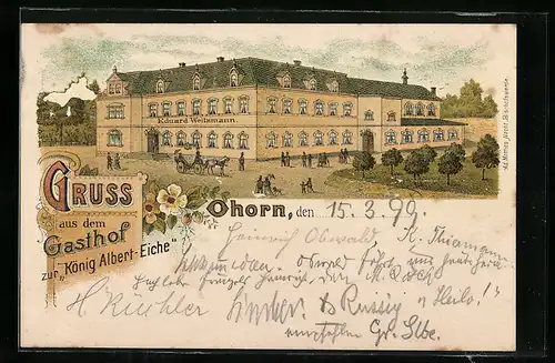 Lithographie Ohorn, Blick auf den Gasthof zur König Albert-Eiche v. Eduard Weitzmann