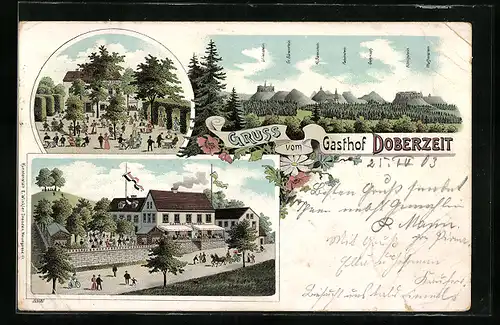 Lithographie Doberzeit, Gasthof mit Gartenansicht
